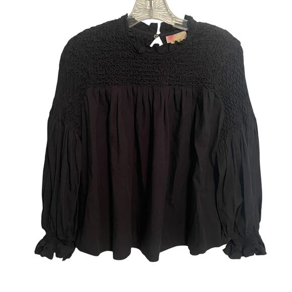 Maeve for Anthropologie Modern Peasant Top Womens Size 6 Black Smocked Cotton - Picture 2 of 8